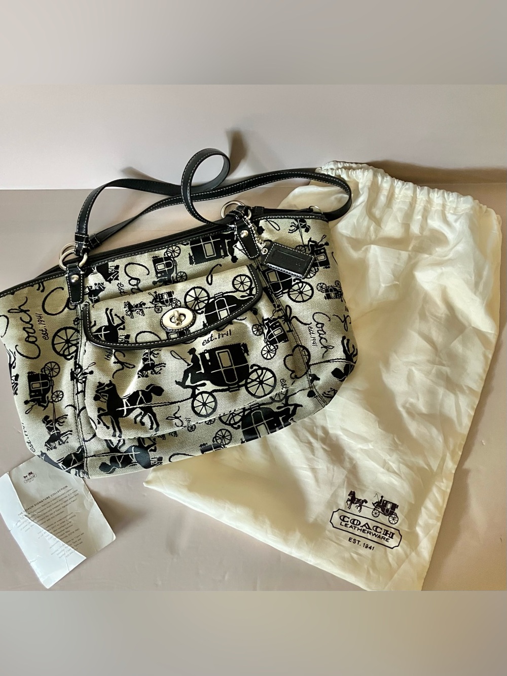 Coach Horse & Carriage VTG Y2K Tote Bag Grey Black Canvas Fabric Leather Trim